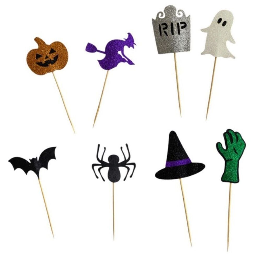 34 Pack New Halloween Themed Cupcake Cake Toppers Glitter Decorations